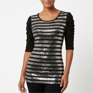 Diva Women's Black Silver Sequins Striped Stretch Ruched 3/4 Sleeve Top Sz Large
